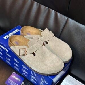 Birkenstock Boston taupe suede mule clogs